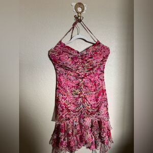 Vintage Muse Asymmetrical Draped Floral Silk Halter Midi Dress Sz 6 Pink Ruffles